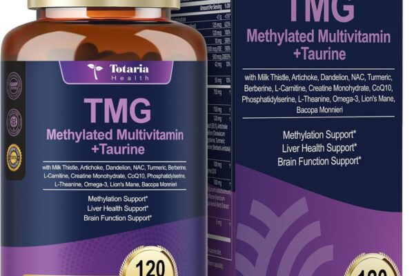 24-in-1 Methylated Multivitamin TMG Taurine Supplements (Trimethylglycine), Powerful Betaine Anhydrous, w/B Complex, B12, B9, NAC, for Heart, Liver, Brain, 120 Capsules, 60 Day Supply