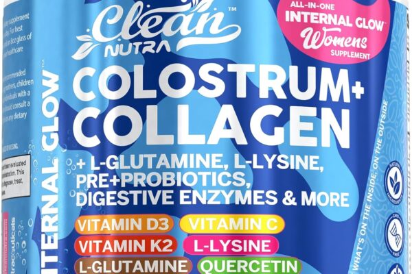 Bovine Colostrum+Collagen Peptides Powder| L-Glutamine L-Lysine Prebiotics Probiotics Digestive Enzymes Vitamin D K2 Vitamin C Quercetin & Folate|Gut Health Supplement Internal Glow By Clean Nutra (1)
